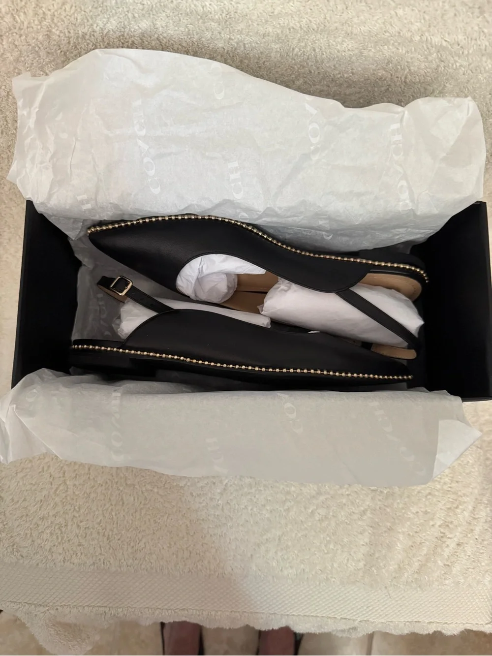 Coach Vae Skimmer Leather Slingback Flats Black with Gold Bead Trim Size 6 NEW